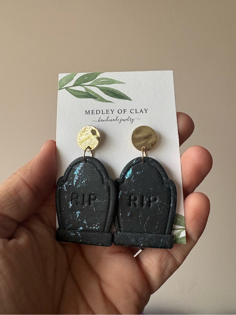 Clay cemetery grave stone black earrings with blue foil